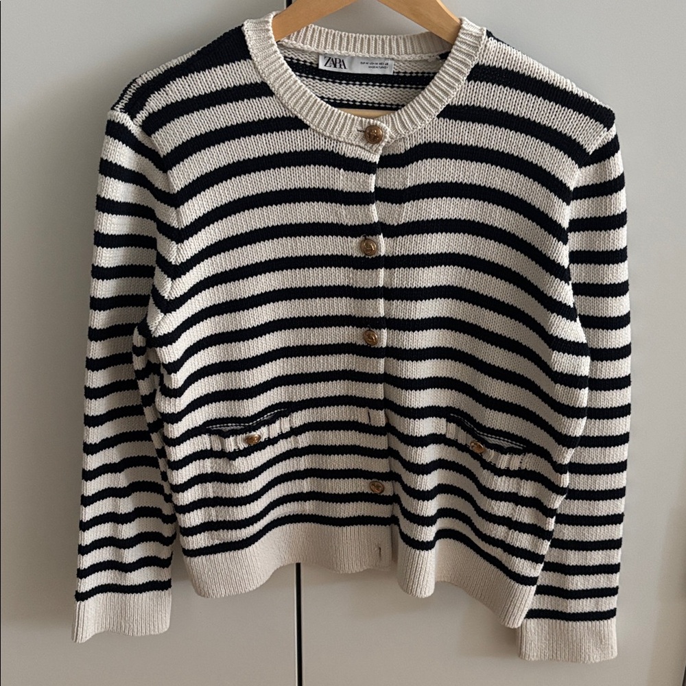 Zara Navy and Cream Striped Knit Cardigan